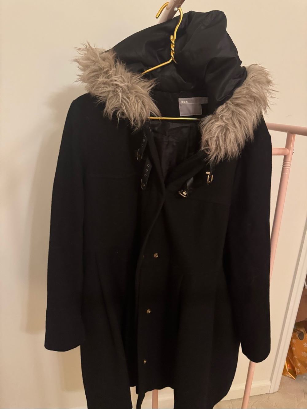 ASOS Black Trench Coat with Faux Fur Hood Trim